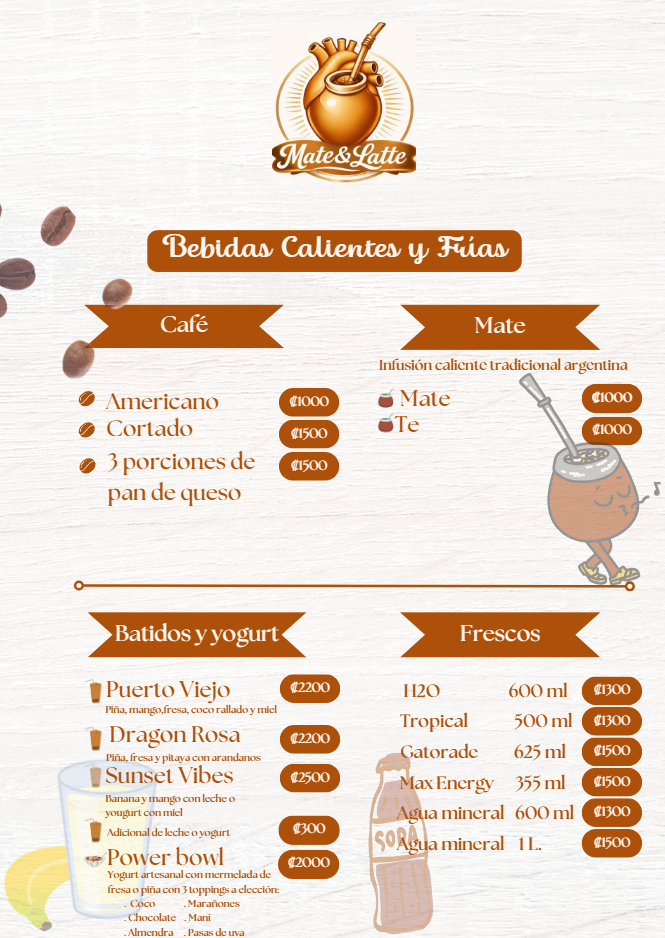 Primera pagina del menu de Mate y Latte